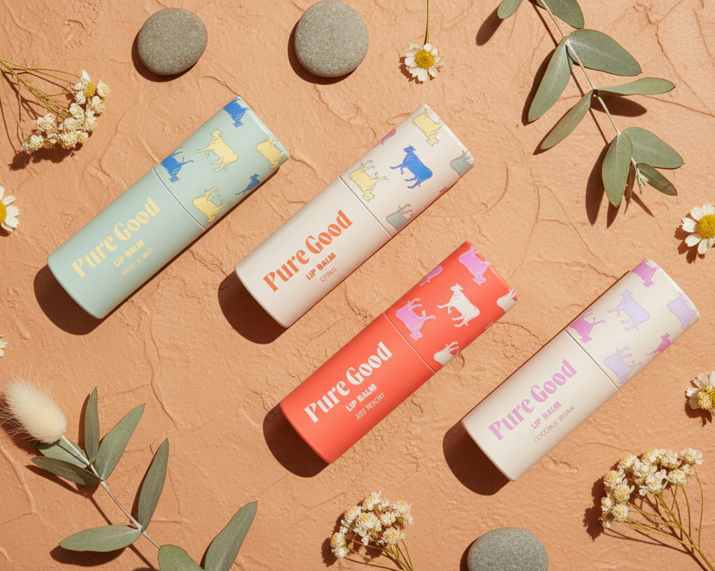 Four PureGood lip balm tubes with colorful packaging on a light beige background
