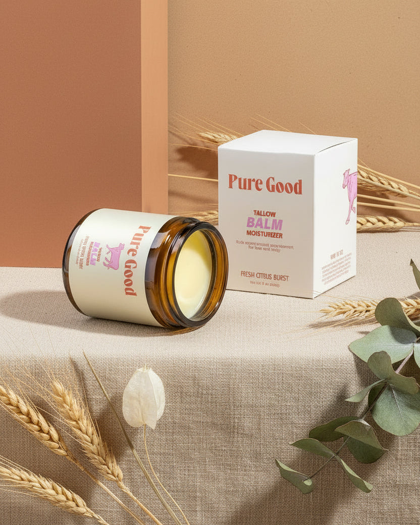 Tallow balm with 'Pure Good' branding on a pink and yellow gradient background