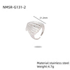 Silver ring with measurement details on a white background