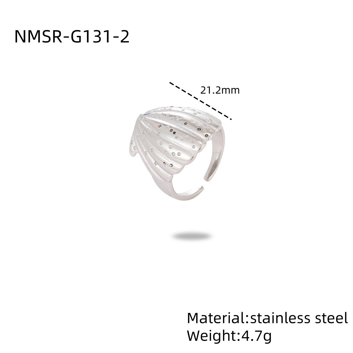 Silver ring with measurement details on a white background