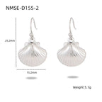 Silver shell-shaped earrings with measurements and weight details on a white background