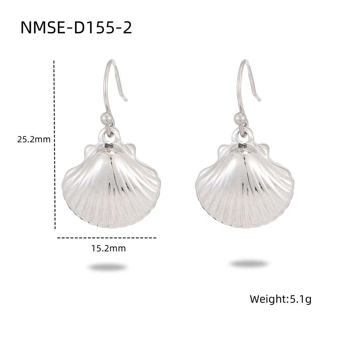 Silver shell-shaped earrings with measurements and weight details on a white background