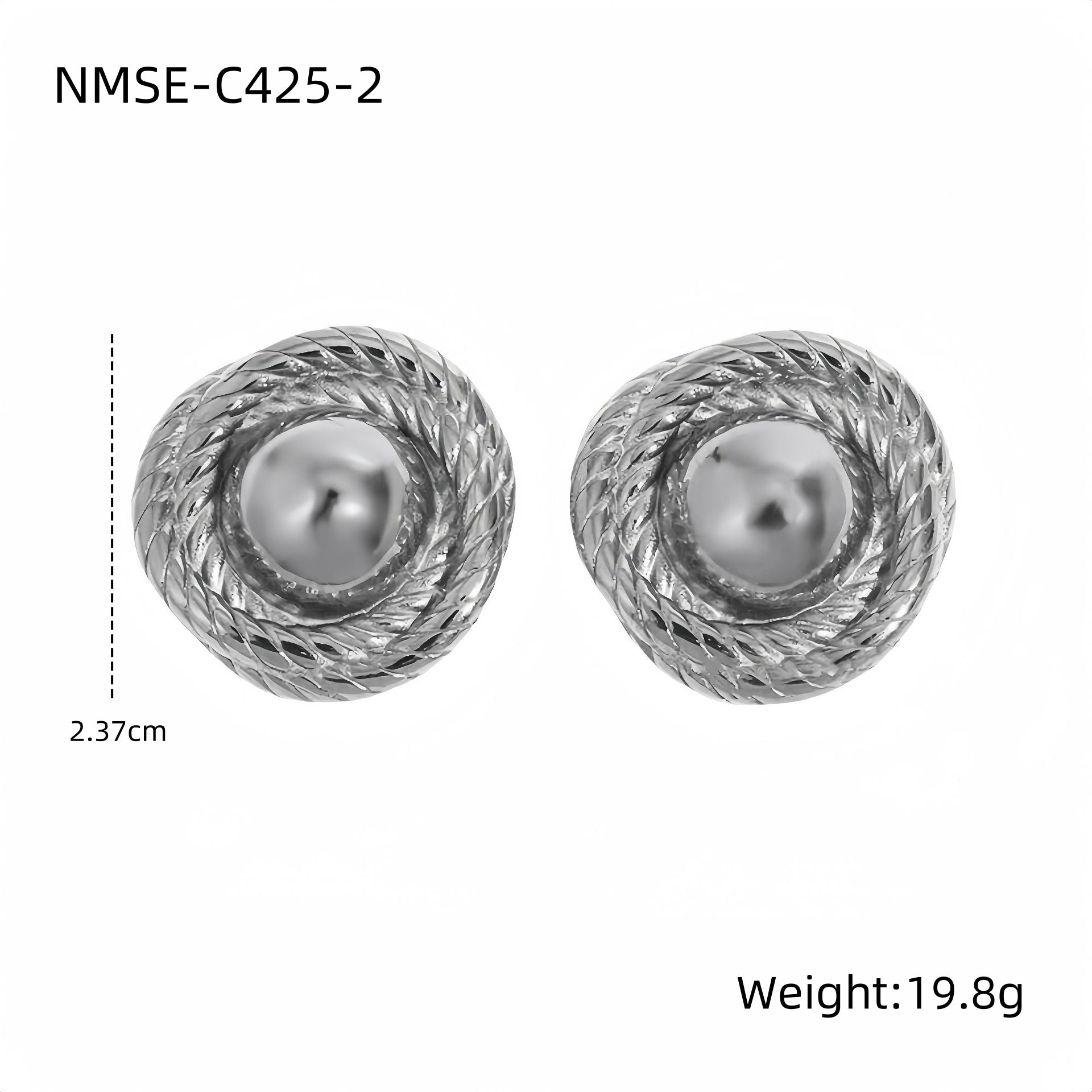 Pair of silver earrings with pearl center on a white background