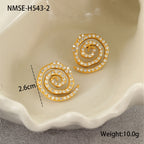 Gold spiral earrings with rhinestones on a shell, showing measurement and weight.
