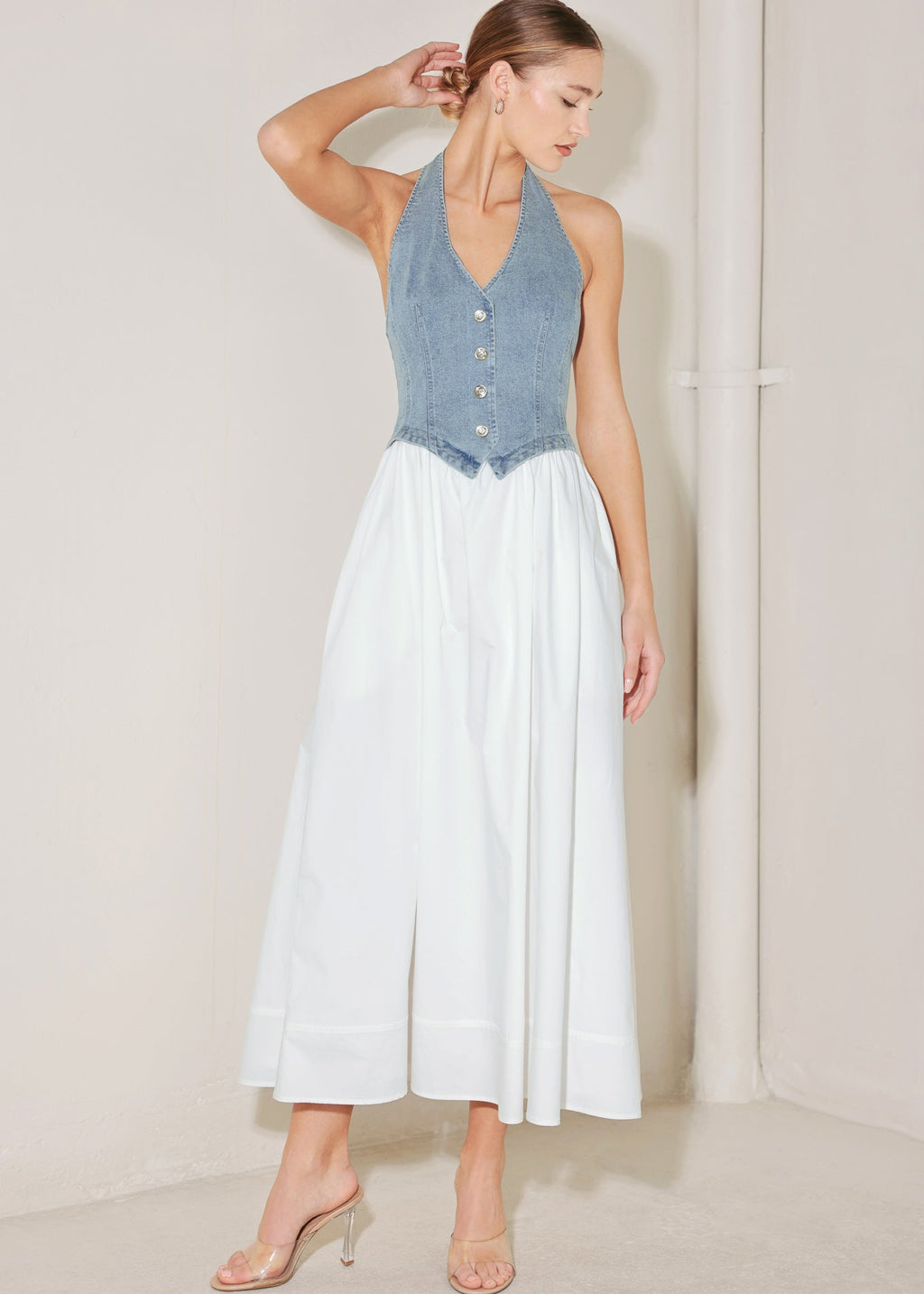 Two tone midi dress with denim halter top and full cotton skirt