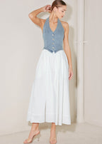 Two tone midi dress with denim halter top and full cotton skirt