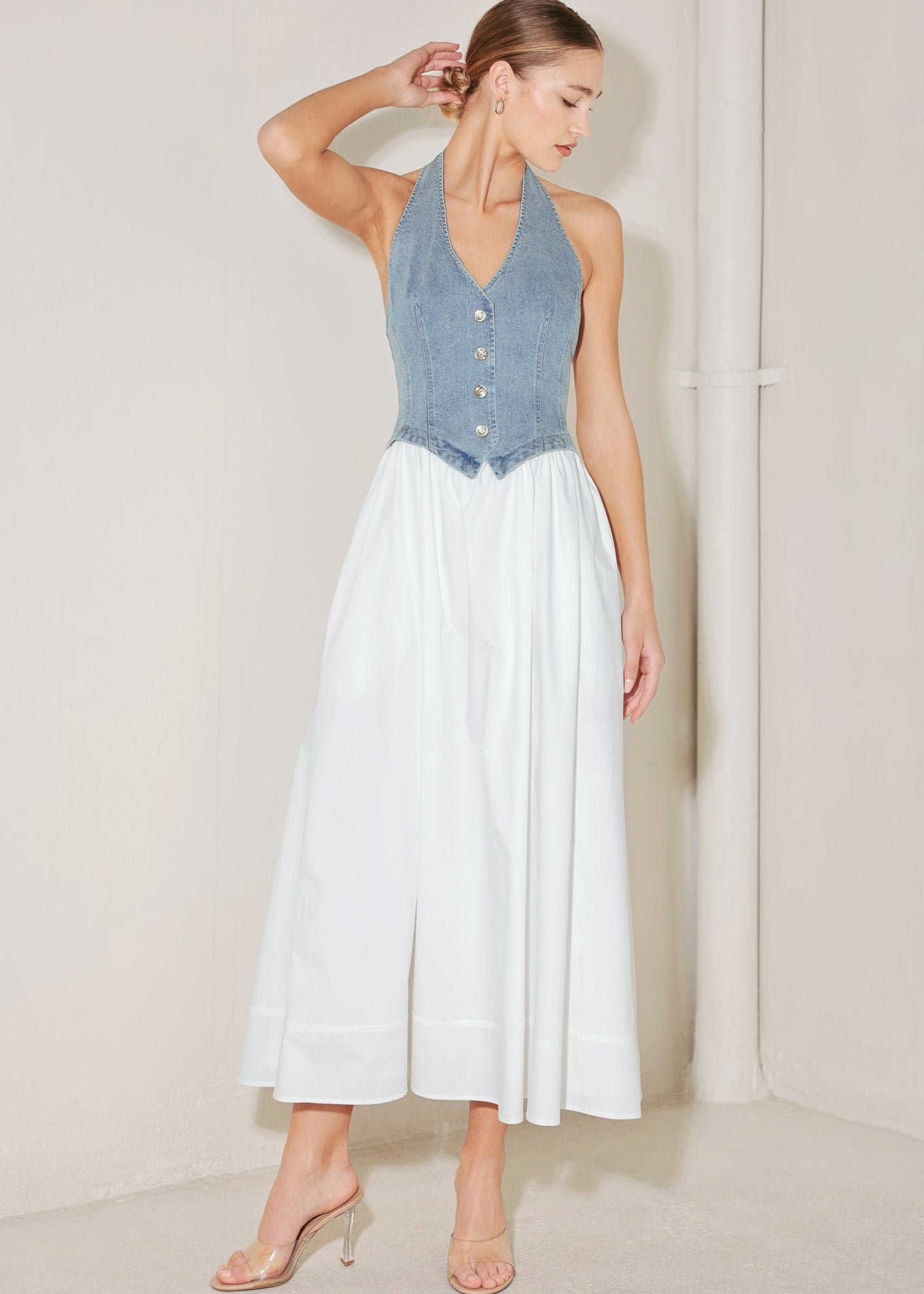 Two tone midi dress with denim halter top and full cotton skirt