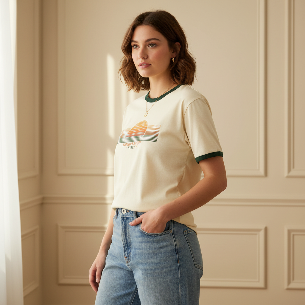 Woman wearing a white t-shirt with a graphic design and blue jeans in a room with beige walls.