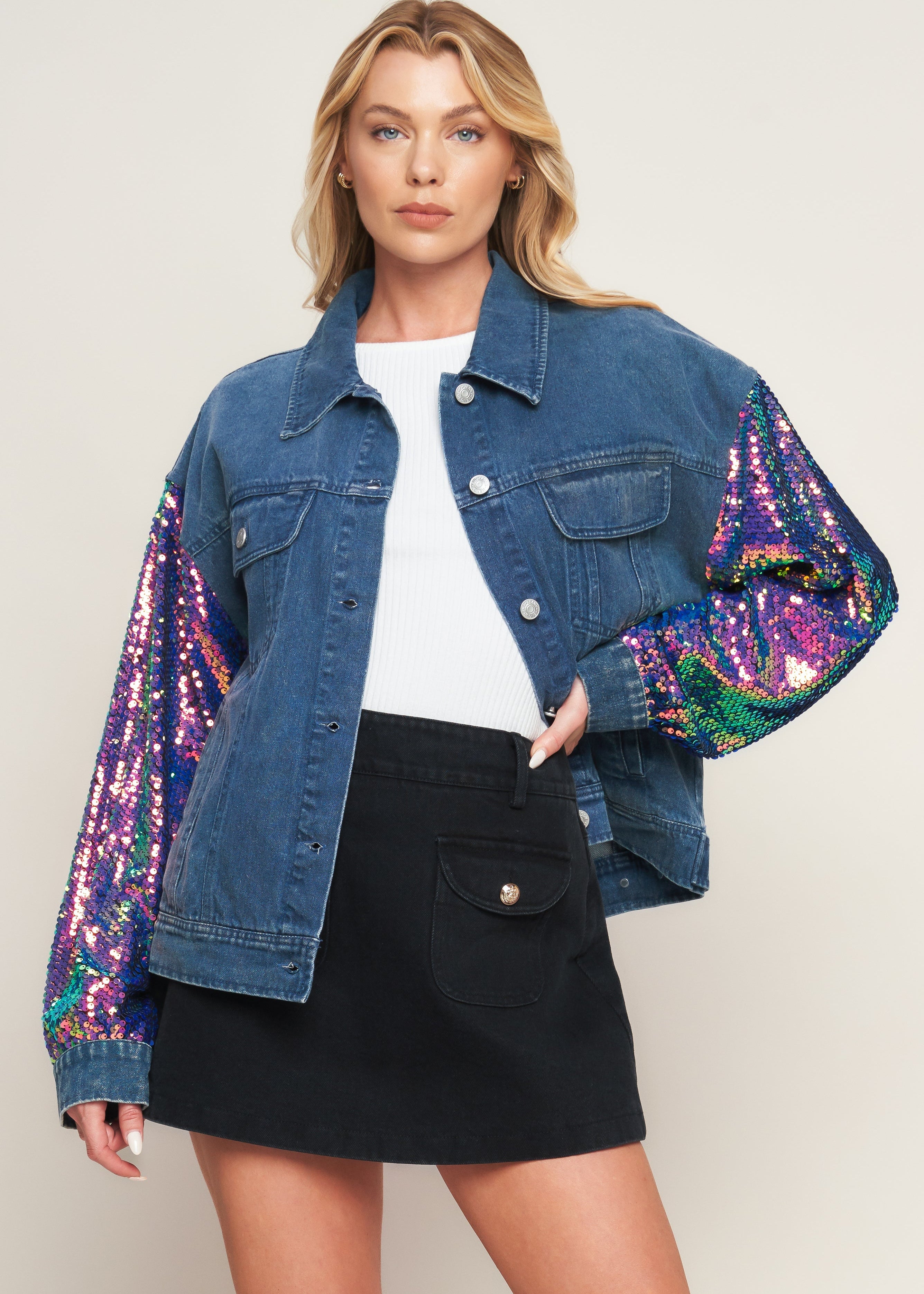 Women’s washed denim jacket with colorful sequin sleeves front view fashion statement jacket Main image