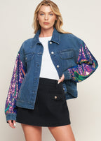 Women’s washed denim jacket with colorful sequin sleeves front view fashion statement jacket